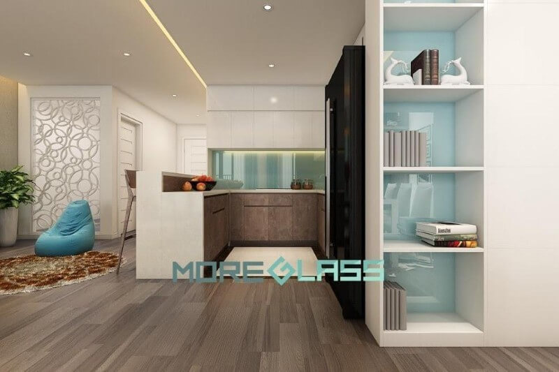 Thiết kế gian bếp với mẫu kính ốp bếp MG-016 màu xanh ngọc cho gia chủ ưa thích sự trẻ trung. Thiết kế nhà bếp đẹp